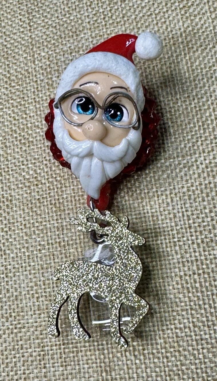 Santa With Glasses Handmade Badge Reel With Red Rhinestones On Alligator Clip